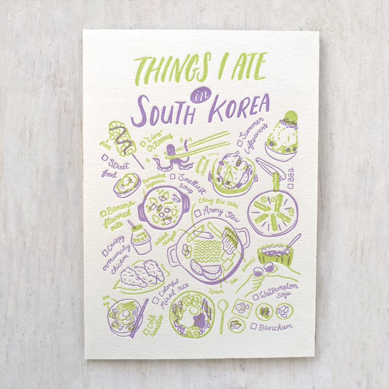Things I Ate in South Korea Letterpress Postcard