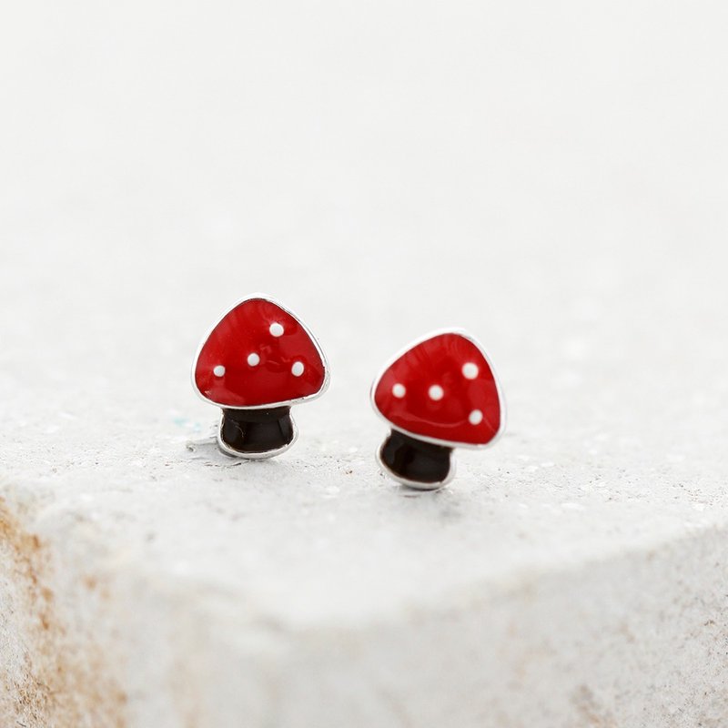 Mushroom Earrings in 925 Sterling Silver, White Gold plating - Red