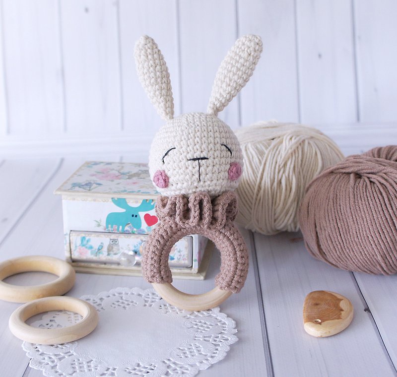 Rabbit Eco Rattle Toy, Kids First toy, Baby rattle toy, Christening Gift - 玩具/玩偶 - 棉．麻 卡其色