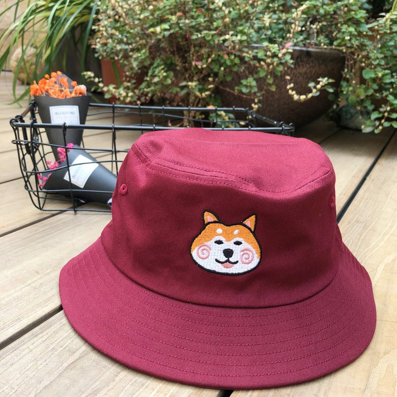 柴犬刺绣 渔夫帽 酒红色