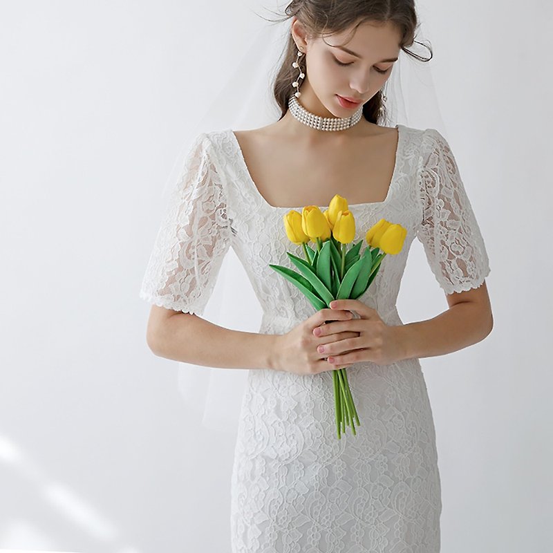 韩国制方领纯白蕾丝轻婚纱 婚礼洋装连身裙 - 晚装/礼服 - 尼龙 