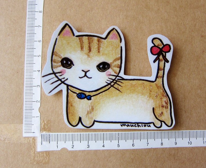 手绘插画风格 完全 防水贴纸 黄色斑纹 尾巴 蝴蝶结 猫