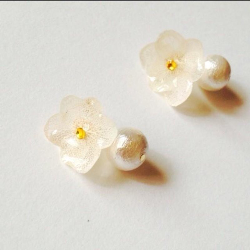 White hydrangea and cotton pearl earrings