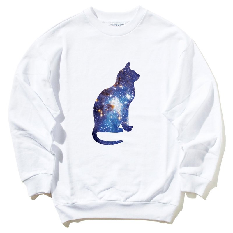 Cosmic Cat 大学T 刷毛 中性版 白色 猫 宇宙 设计 银河系 时髦 圆 三角形 文青