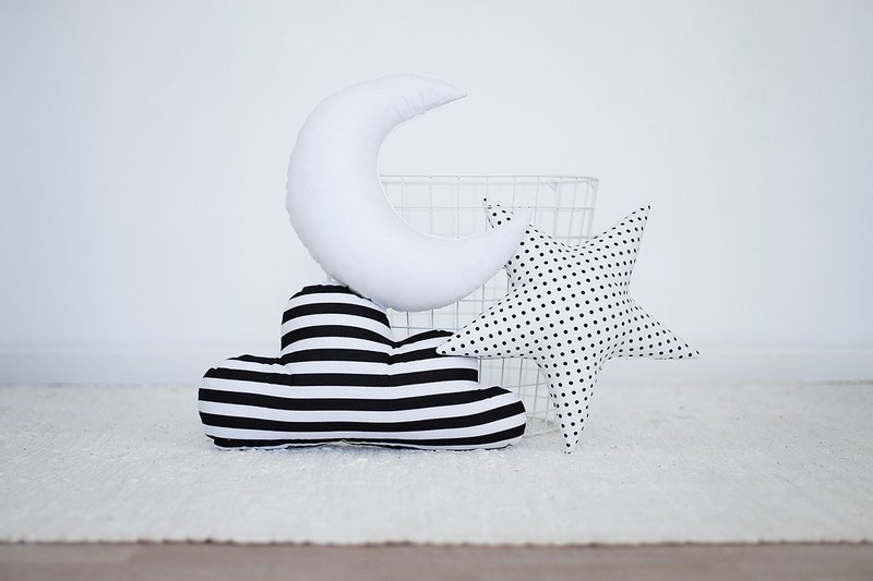 Set of 3! White and black kids shaped pillows moon - star - cloud