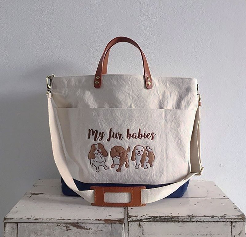 Beach bag my fur babies / Canvas Bag / White vs Dark blue