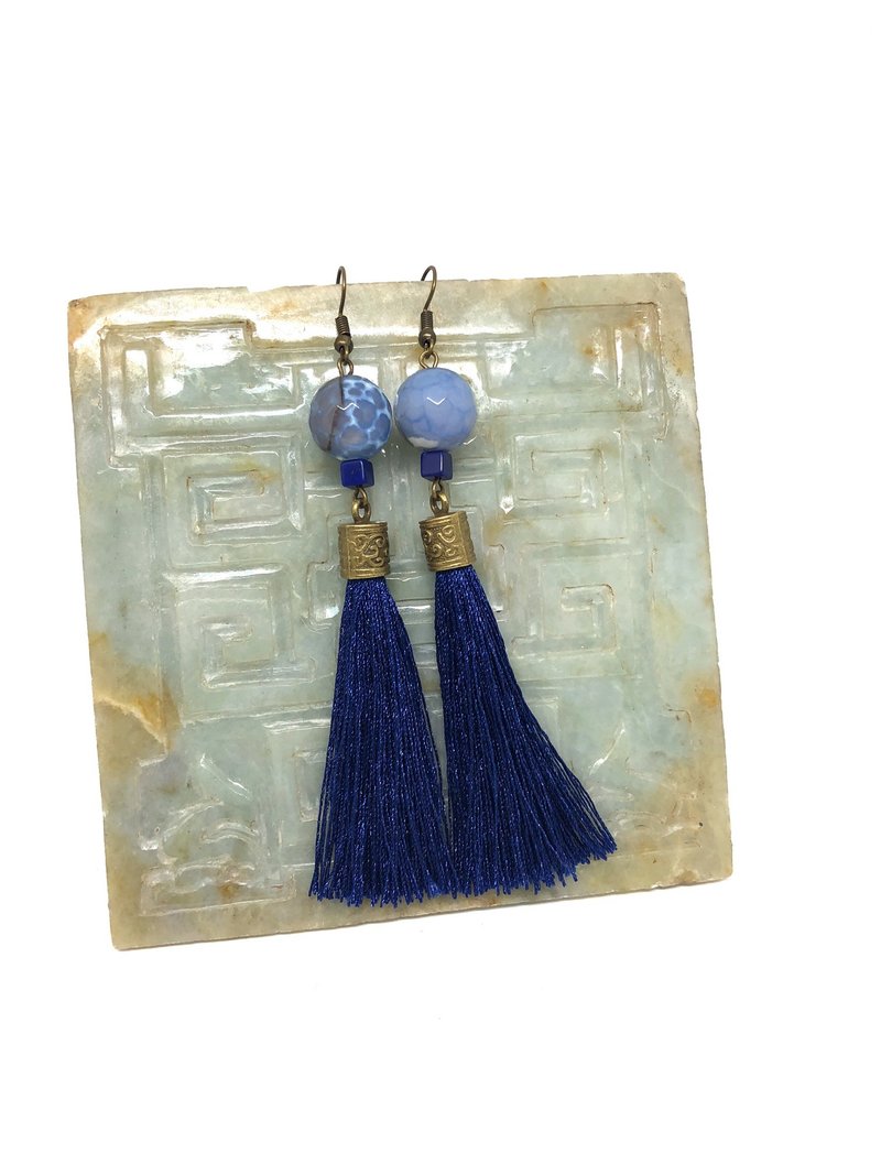 Blue Vintage Earrings 龙纹石玉石流苏耳环