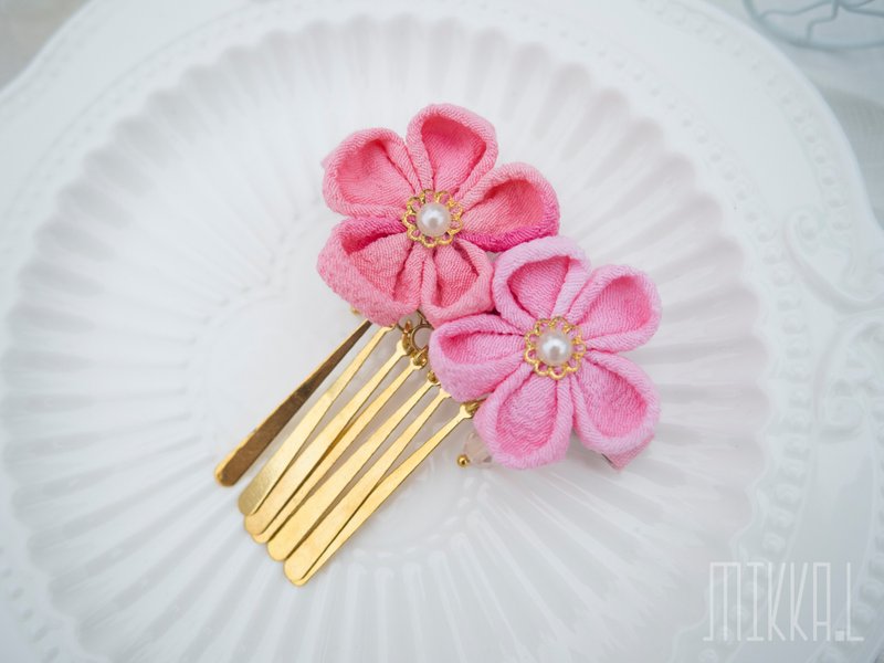 和风细工手作 自染绉布 两朵5瓣梅花 布花 粉色系列 金属流苏 发夹 饰品 发饰 现货 包邮