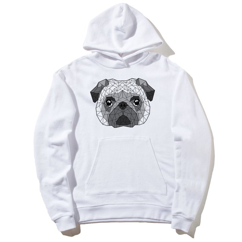 Geometric Pug 前图款 长袖刷毛连帽T 中性版 白色 几何 巴哥 哈巴狗 法斗 狗 犬 动物 美国棉