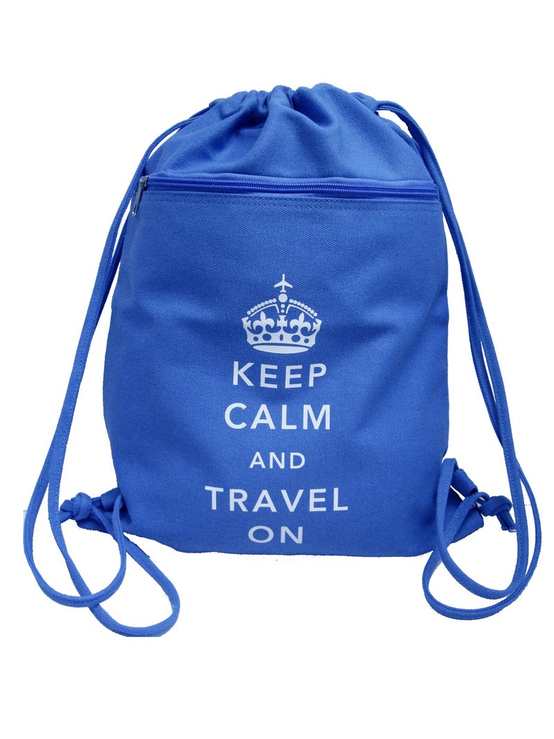 Keep Calm and Travel On 英伦风格帆布束口背包 (蓝)
