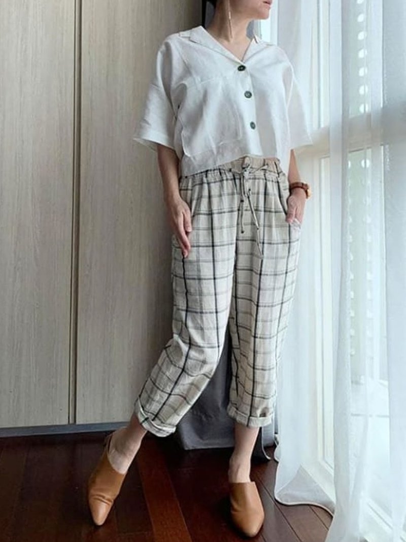 Unisex linen tartan white size regular