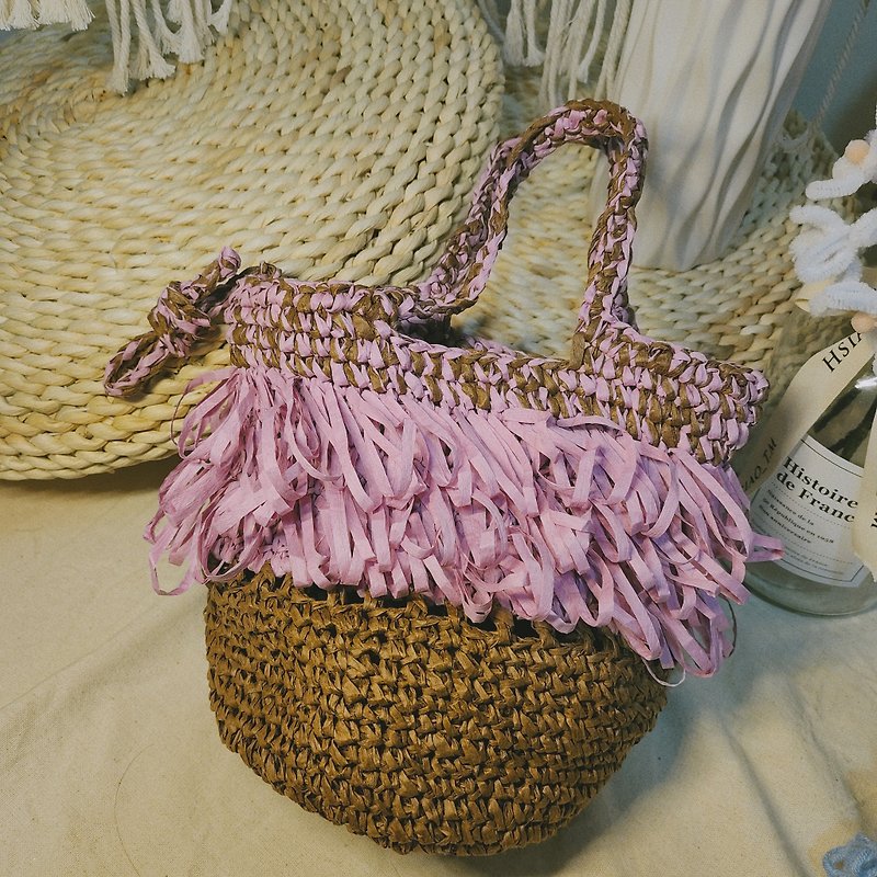 日尧 macrame 拉菲草编织毛毛包 - 手提包/手提袋 - 纸 粉红色