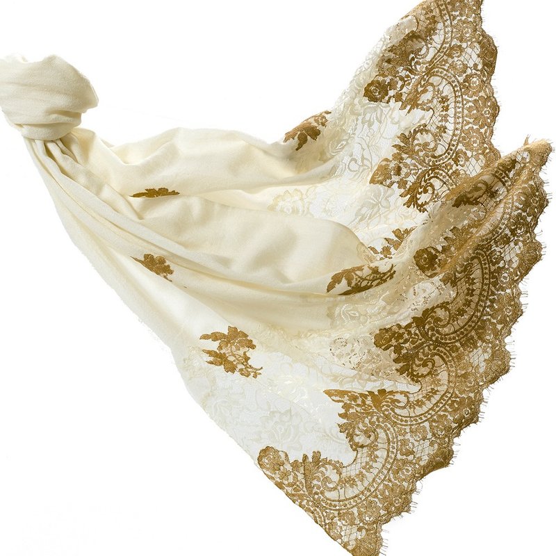 Angel Woolen 印度Pashmina手工羊绒蕾丝披肩-Jennifer华丽的享艳