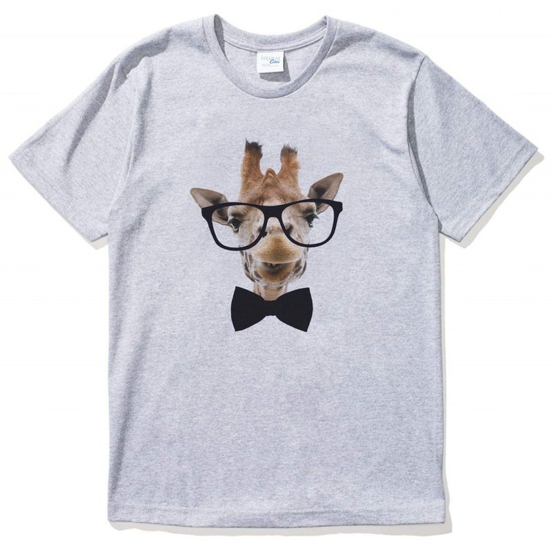 Giraffe-Bow Tie男女短袖T恤 灰色 长颈鹿 领带 眼镜 胡须 动物 文青 艺术 设计 时髦 文字 时尚