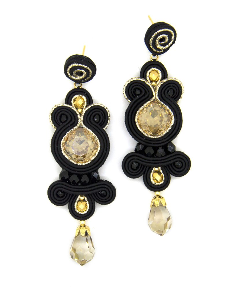 Drop earrings with Swarovski stones in black and gold color