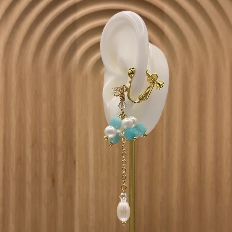 天河石 水晶仙子系列 垂坠款 天然珍珠 幸运 (耳夹/耳勾/耳环) - 耳环/耳夹 - 宝石 绿色