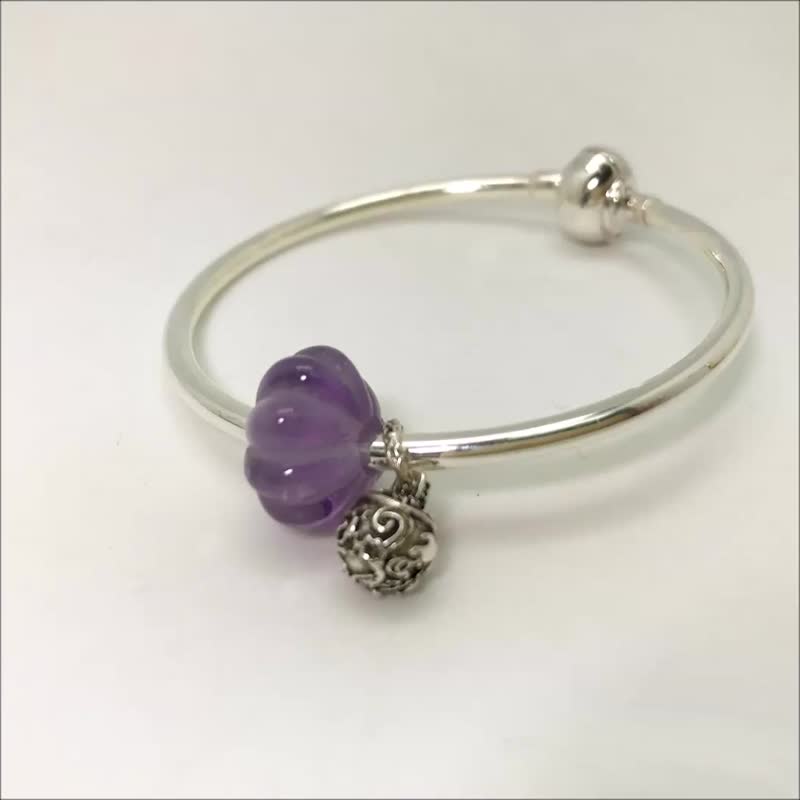 纯银宝石手环 紫水晶南瓜款 银球铃铛款 二月诞生石 手围21cm - 手链/手环 - 纯银 紫色