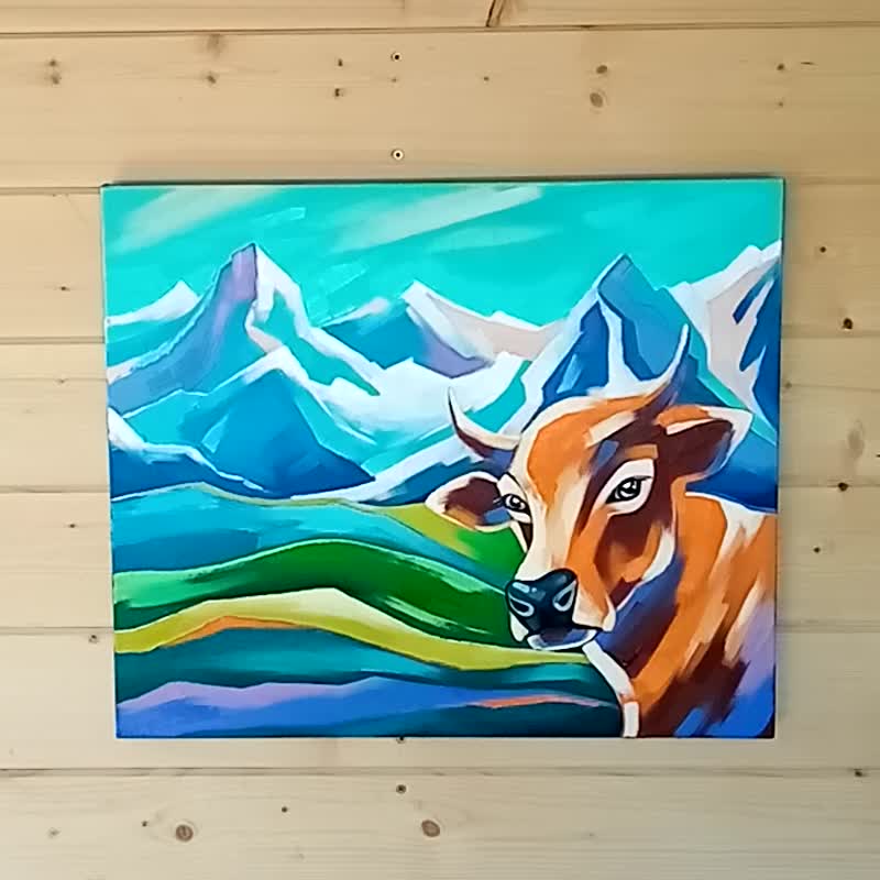 Alpine Mountains Painting Cow Original Art Animal Artwork Landscape Wall Art - 海报/装饰画/版画 - 其他材质 蓝色
