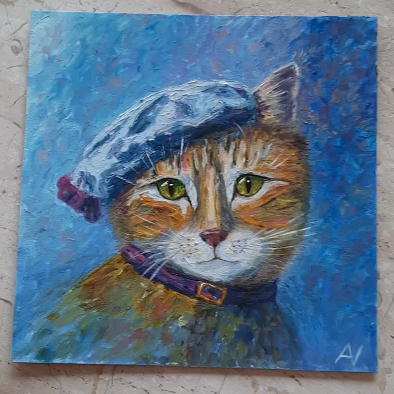 戴帽子的猫原创油画、贝雷帽墙艺术、动物肖像手工装饰 - 墙贴/壁贴 - 环保材料 多色