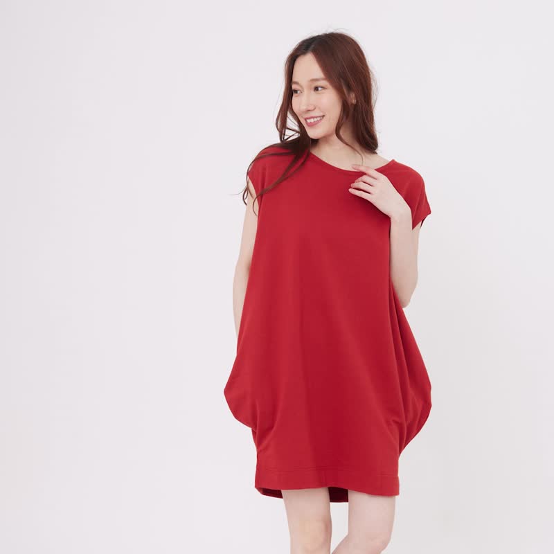 法國小毛圈燈籠洋裝/楓紅 - 洋装/连衣裙 - 棉．麻 红色