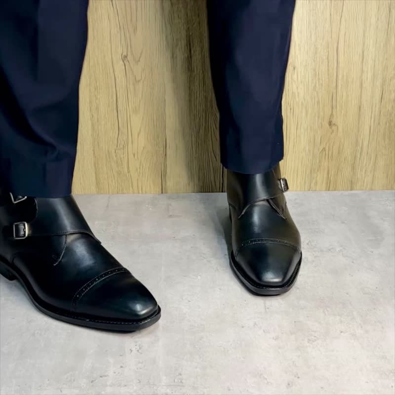 固特异手工真皮义式小方楦双扣孟克靴 Monk Boots 僧侣靴 可定制 - 男款靴子 - 真皮 黑色