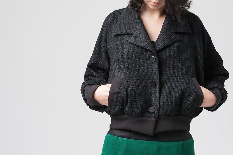 【jacket】编织毛呢短版外套 - 女装休闲/机能外套 - 羊毛 黑色