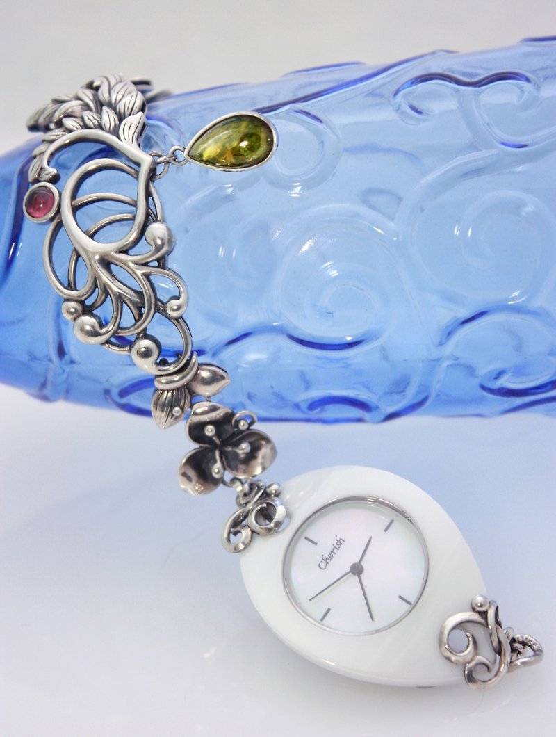 -植物风珠宝表订制- 纯银手链 手表(主石或表身需客户自备) - 女表 - 宝石 白色