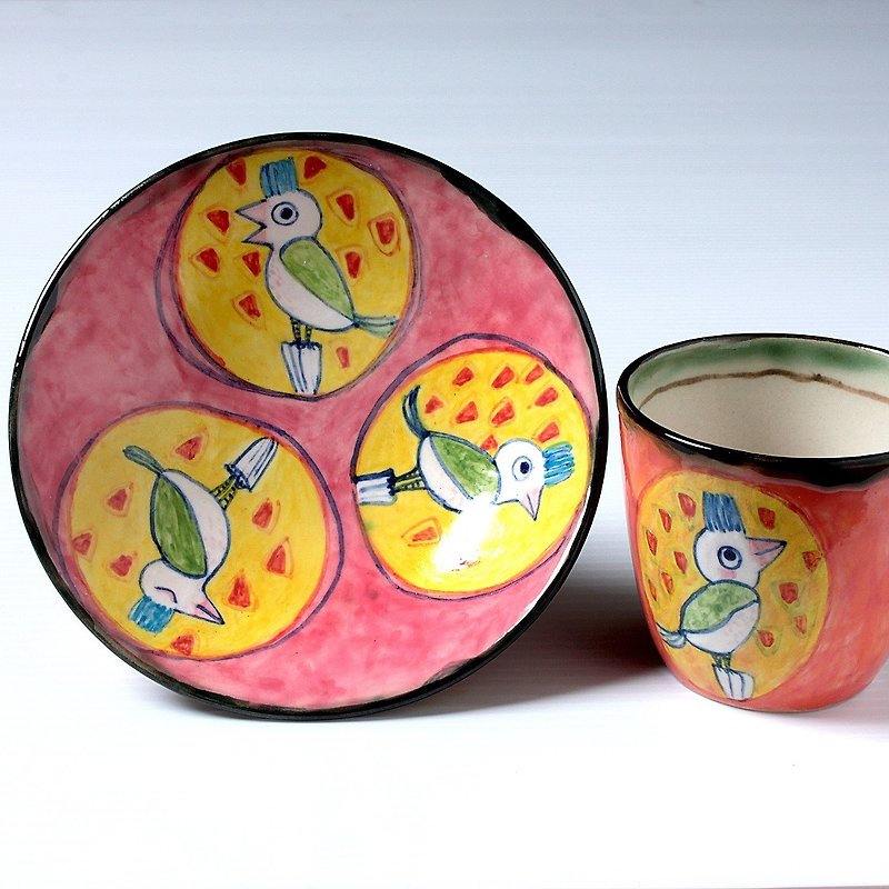面白鳥の色絵フリーカップセット - 花瓶/陶器 - 其他材质 粉红色