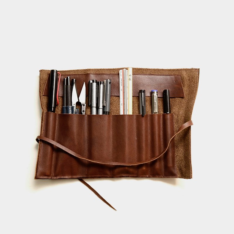 【皮寿司】牛皮笔袋 皮革铅笔盒 工具袋 钢笔 定制刻字当礼物 - 铅笔盒/笔袋 - 真皮 咖啡色