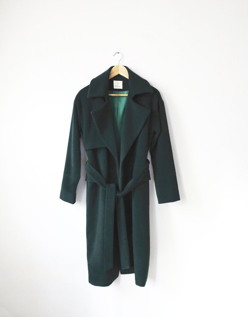 黑/森林绿腰带摩卡色羊毛大衣 含喀什米尔羊绒 可订做 - 女装休闲/机能外套 - 羊毛 黑色
