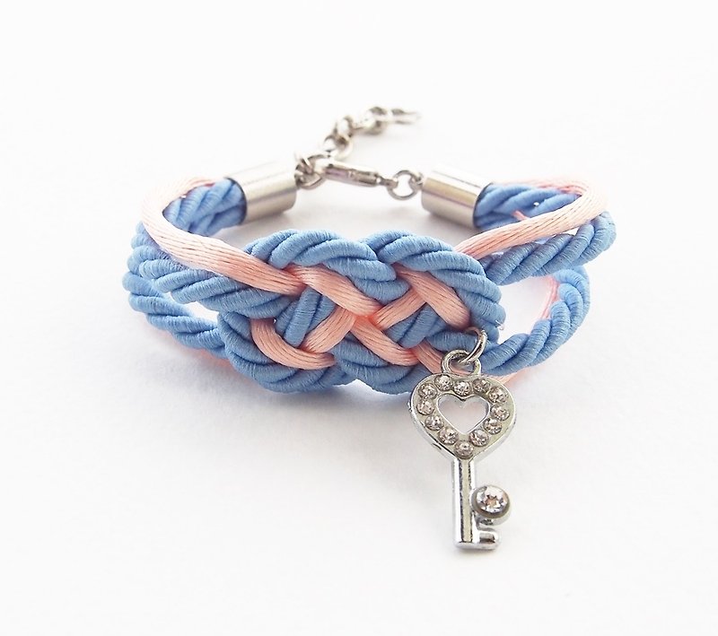 Blue and peach nautical bracelet with heart key charm. - 手链/手环 - 其他材质 蓝色
