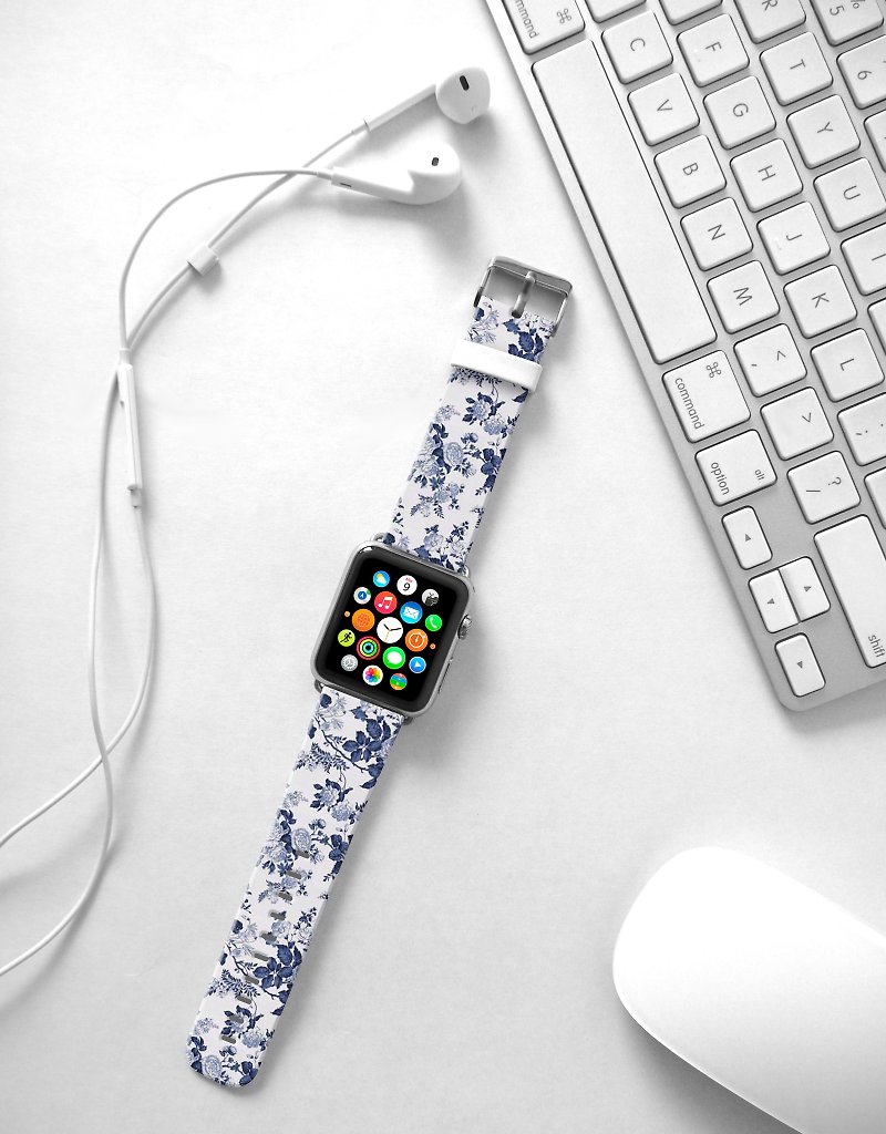 Apple Watch Series 1 , Series 2, Series 3 - Apple Watch 真皮手表带，适用于Apple Watch 及 Apple Watch Sport - Freshion 香港原创设计师品牌 - 蓝色玫瑰花纹 cr5 - 表带 - 真皮 
