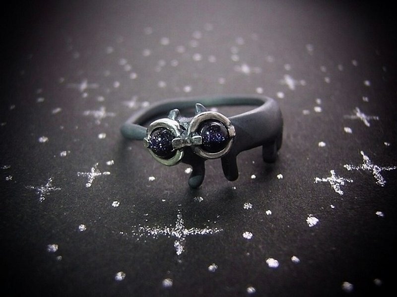 miaow with star spectacles on ( cat sterling silver ring 貓 猫 星 眼鏡 戒指 指环 指環 刻字 ) - 戒指 - 纯银 黑色