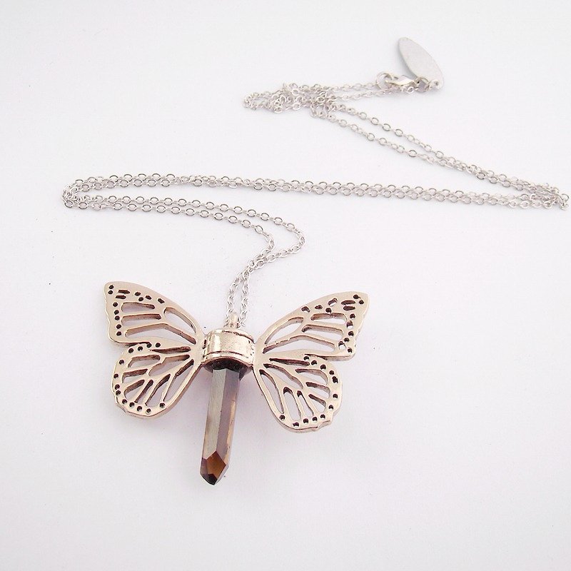 White bronze Butterfly wing pendant with smoky raw quartz stone - 项链 - 其他金属 