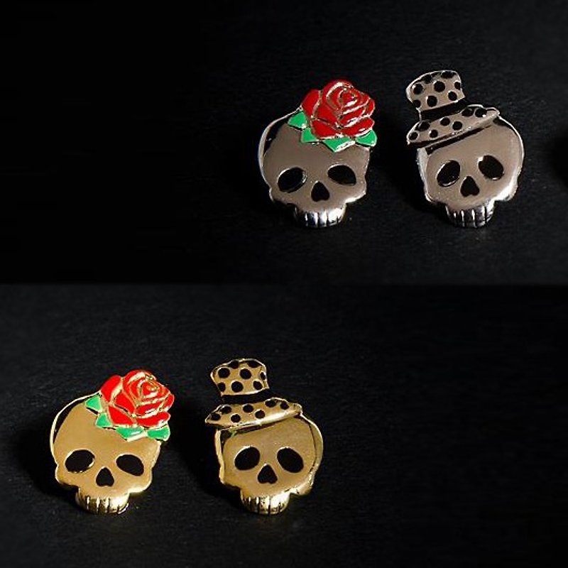 骷髅情侣戴着帽子和玫瑰酷型耳环 - 耳环/耳夹 - 其他金属 红色