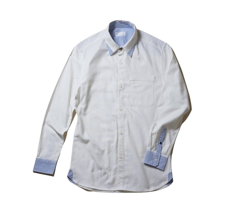 貮们 ‘条纹剪接牛津长袖衬衫’ - 男装衬衫 - 其他材质 白色