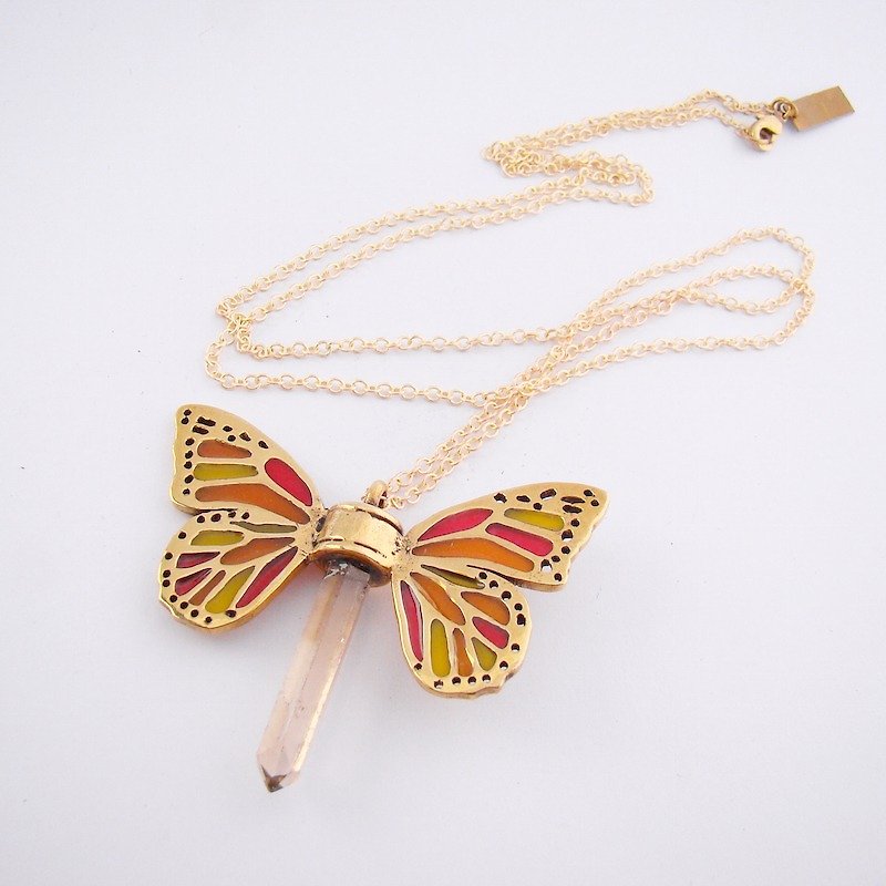 Brass Butterfly wing pendant with smoky raw quartz stone and enamel color - 项链 - 其他金属 