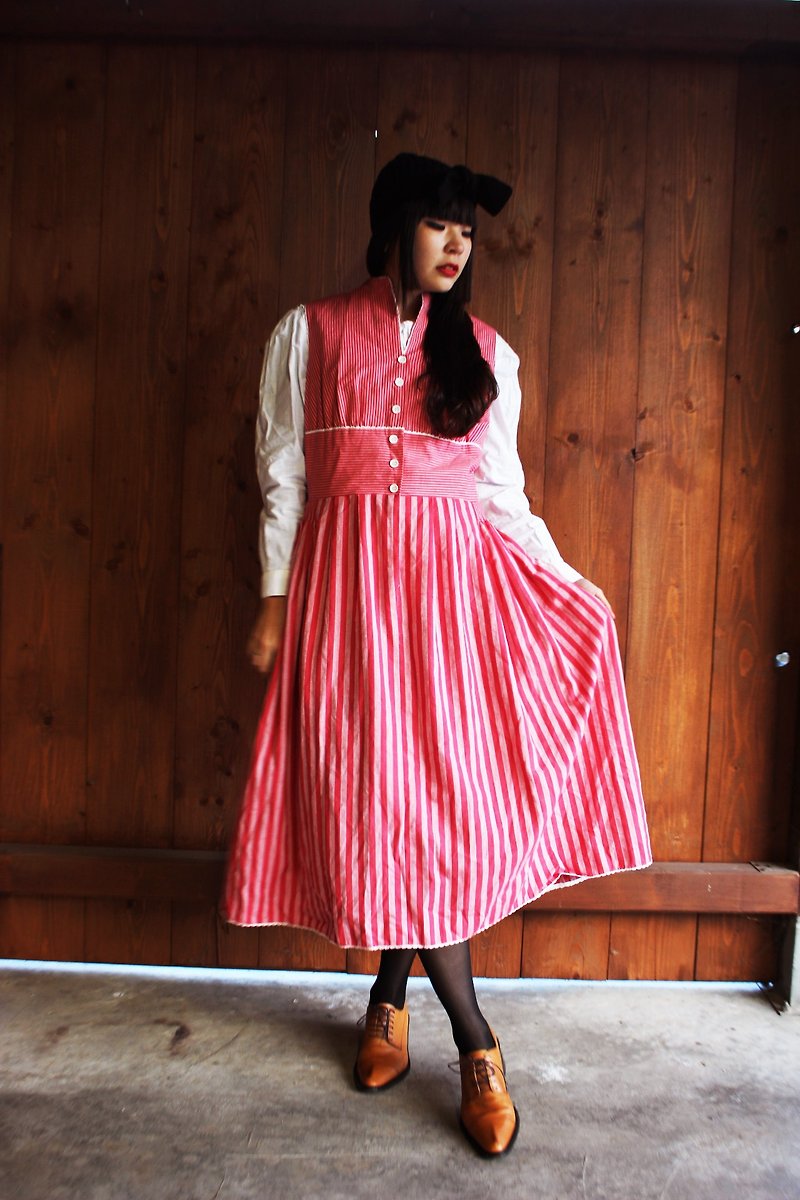 F849(Vintage)红色条纹棉质背心洋装(奥地利传统Dirndl) - 洋装/连衣裙 - 其他材质 红色