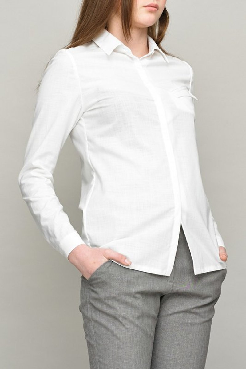 口袋造型衬衫 - 女装衬衫 - 棉．麻 白色