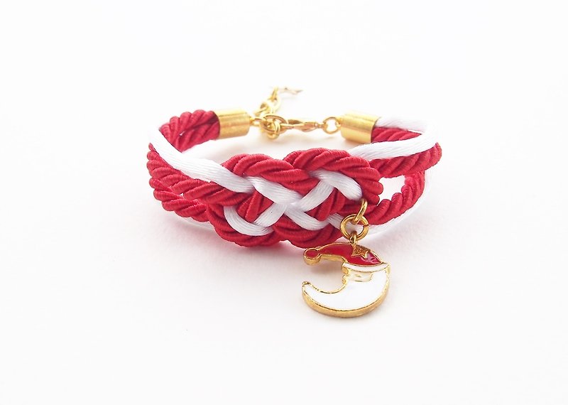 Red and white nautical bracelet with Santa Claus moon charm - 手链/手环 - 其他材质 红色