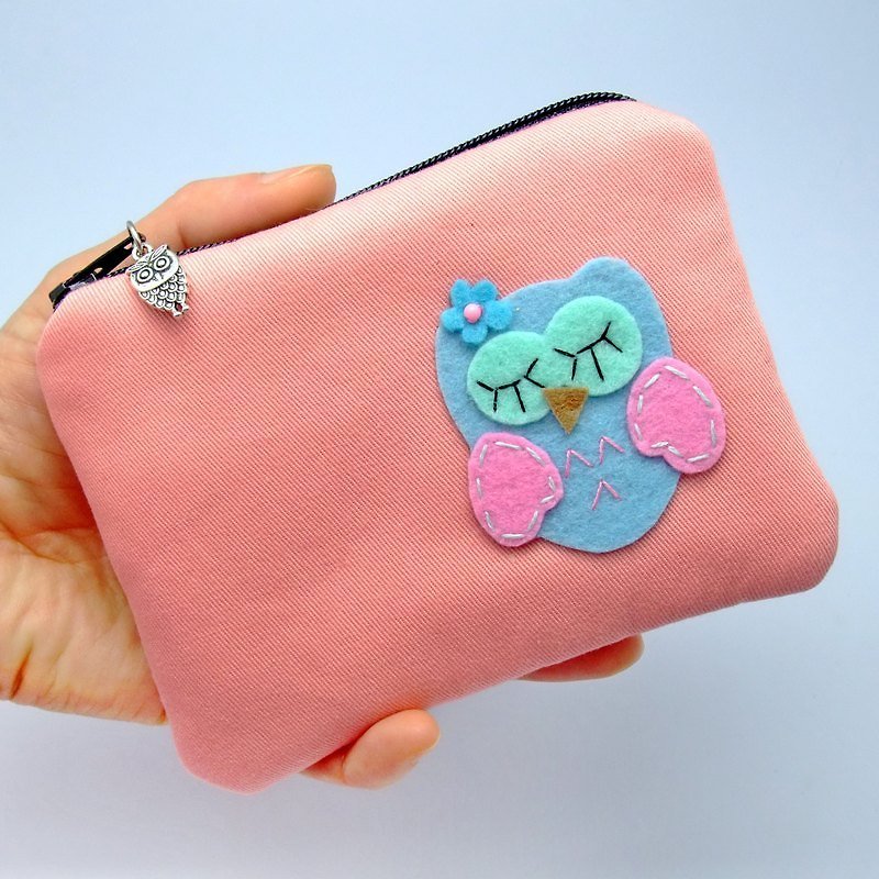 拉链零钱包，卡片包，钥匙包，耳机包，小物包 (可爱猫头鹰) (ZS-53) - 零钱包 - 其他材质 粉红色