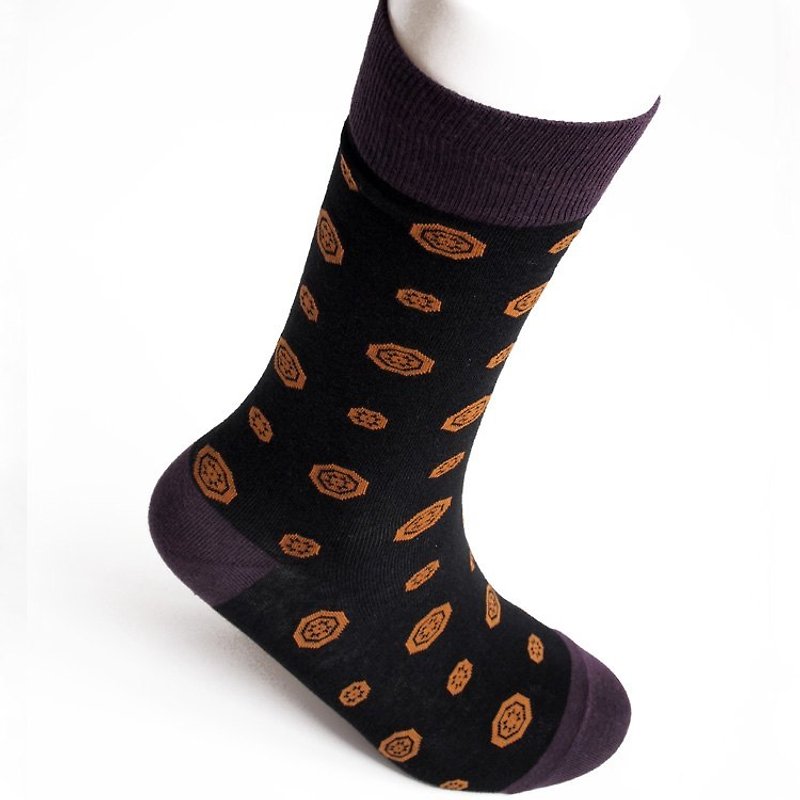 SOCK IT UP台湾制造200针缇花图案中筒绅士袜·黑底黄轮纹 - 绅士袜 - 其他材质 橘色