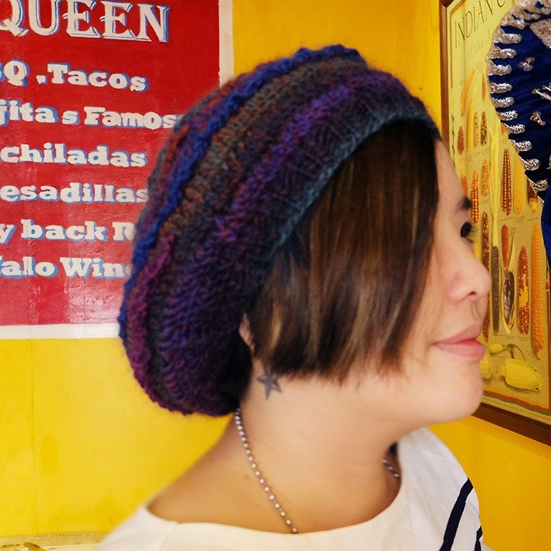 Araignee Design *手作毛帽-蕾丝贝蕾帽* -湛蓝孔雀 艳丽优雅画家帽  深蓝色 紫色 橘色 - 帽子 - 其他材质 蓝色