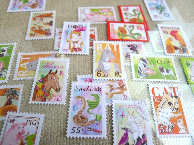 12生肖 邮票贴纸+明信片 - 贴纸 - 纸 多色