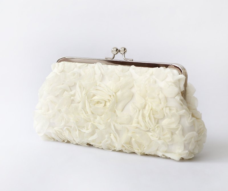 象牙色雪纺手拿、口金包 | 新娘、伴娘、妈妈、节日礼物 | 玫瑰花蕾丝 - 手拿包 - 其他材质 白色