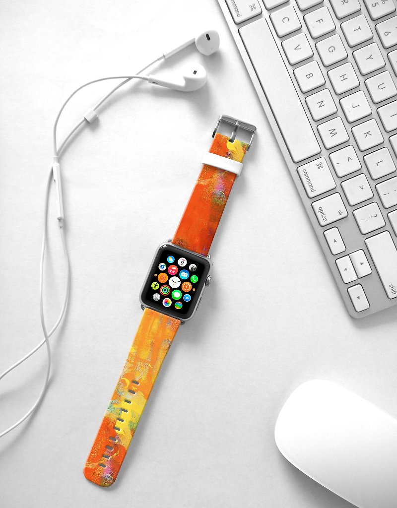 Apple Watch 真皮手表带,香港原创设计师品牌 - 橙色油彩图纹 13 - 表带 - 真皮 
