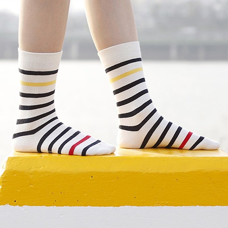 有机棉袜 - 条纹系列 Verbena 白底黑黄条纹 中长袜 (男/女) - 袜子 - 棉．麻 黄色