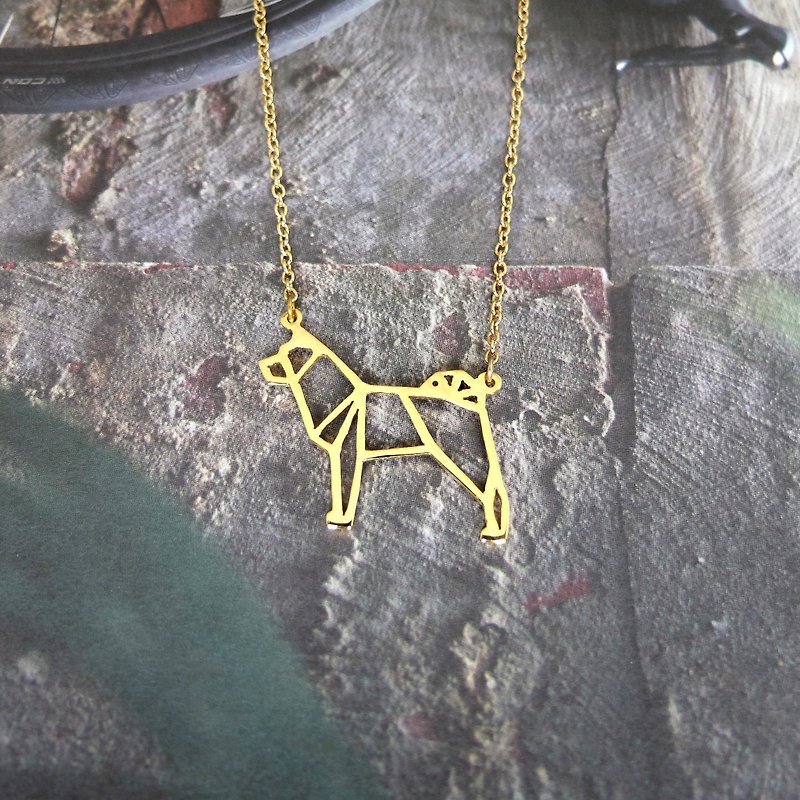 Akita Dog Necklace Gift for Dog Lover, Origami Jewelry, Gold Plated Brass - 项链 - 铜/黄铜 金色