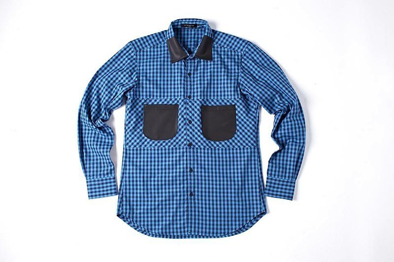 Stone'As Leather Plaid Shirt / 皮革 拼接 格子 格纹 衬衫 - 男装衬衫 - 棉．麻 蓝色