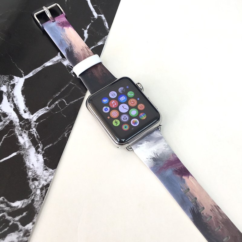 Apple Watch 真皮手表带,香港原创设计师品牌 - 白色油彩图纹 03 - 表带 - 真皮 
